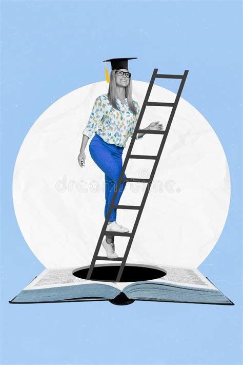 Creative Metaphor Collage Banner of Female Lady Climb Ladder Up from ...