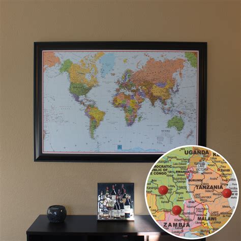 Push Pin World Travel Map with Pins and Black Frame