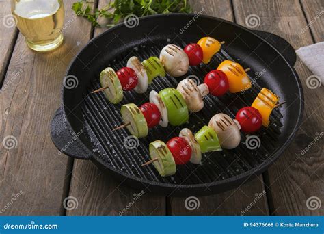 Grilled Vegetables on Skewers Grill Frying Pan Stock Photo - Image of ...