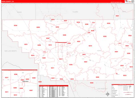 Kern County, CA Zip Code Wall Map Red Line Style by MarketMAPS - MapSales