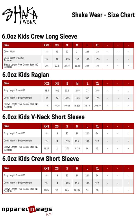 Shaka Wear - Size Chart - ApparelnBags.com