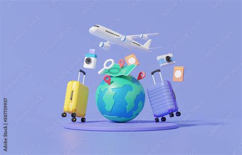 Minimal cartoon flight airplane travel tourism plane trip planning world tour luggage with pin ...