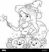 Halloween Witch Pumpkins And Treats Vector black White Coloring  sketch template