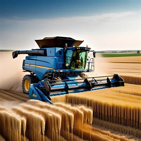 Blue Combine Harvester Agriculture Machine Harvesting in a Field Stock ...