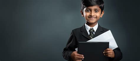 Happy Indian boy wearing school uniform in primary school with a black slate ideal for ...