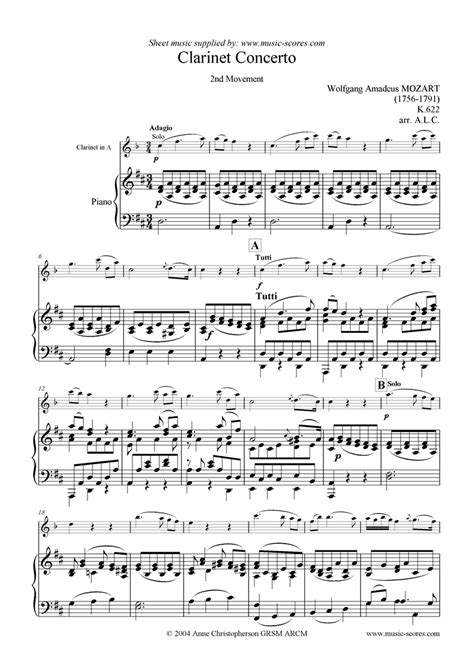 Mozart. K622 Clarinet Concerto 2nd Mvt Clarinet in A classical sheet music