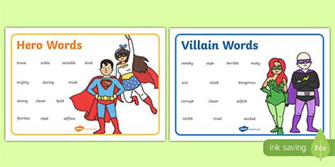 Hero And Villain Describing Word Mats - descriptions, heroes