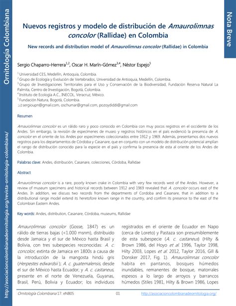 (PDF) New records and distribution model of Amaurolimnas concolor (Rallidae) in Colombia. Nuevos ...