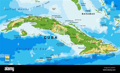 Highly detailed physical map of Cuba,in vector format,with all the relief forms,regions and big ...