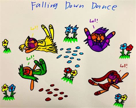 an image of falling down dance written in colored chalk on white paper ...