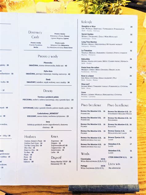 Menu at Craft restaurant, Wrocław