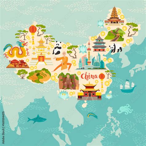 China illustrated map, hand drawn vector illustration for kid and children. Chinese travel ...