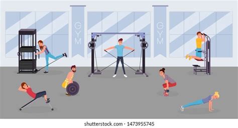 Fitness Center Workout Flat Vector Illustration: vector de stock (libre de regalías) 1473955745 ...