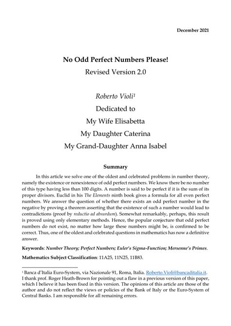 (PDF) No Odd Perfect Numbers Please! Revised Version 2.0