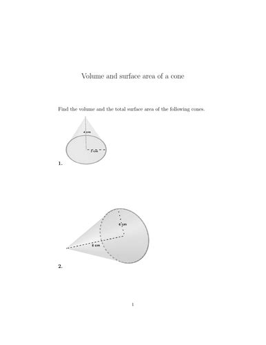 Volume and surface area of a cone worksheet (with solutions) | Teaching Resources