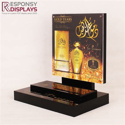 Customized Beautiful Counter Top Black Acrylic Perfume Display Stand with Golden Background