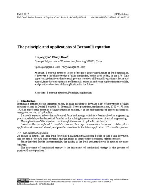 The Principle and Applications of Bernoulli Equation | PDF | Fluid ...