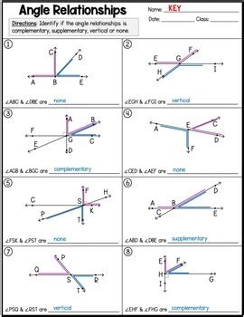 Identify Complementary, Supplementary & Vertical Angle Worksheet