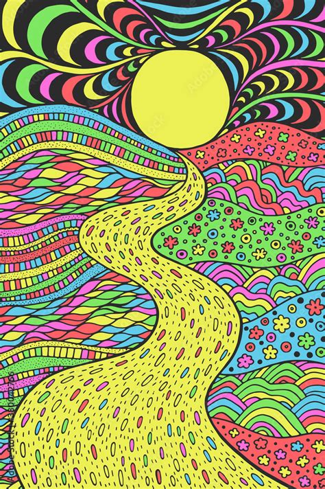 Psychedelic landscape. Colorful trippy artwork with line art. Pathway in meadows and waves ...