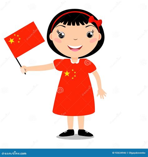 Niño Sonriente, Muchacha, Sosteniendo Una Bandera De China Ilustración ...