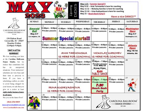 May Calendar - Carolina Ballroom Dance Studio