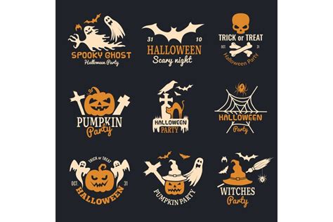 Halloween badges. Party scary logo horror symbols skull bone