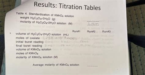 Solved Table 4. Standardization of KMnO4 solution weight | Chegg.com