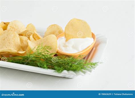 Chips with Sour Cream and Dill Sauce Stock Image - Image of lunch, colored: 78063629
