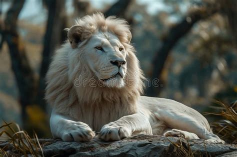 Majestic White Lion Rests in Natural Habitat, Showcasing Animal Kingdom ...