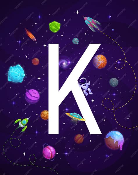 Premium Vector | Cartoon space letter k with vector planets astronaut and rockets kids alphabet ...