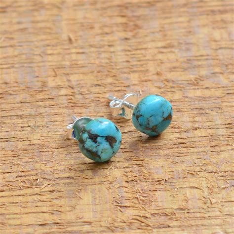 Turquoise Stud Earrings 925 Sterling Silver Blue Copper | Etsy