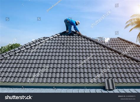 Roofer Work Installing Clay Roof Tilesconstruction Stock Photo ...