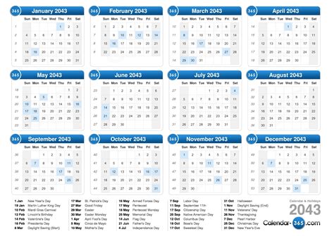 2043 Calendar