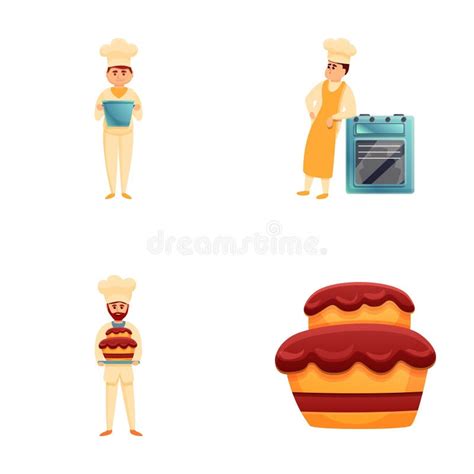 Pastry Chef Icons Set Cartoon Vector. Professional Confectioner Making ...