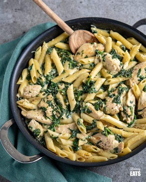 Creamy Garlic Chicken with Spinach Penne Pasta | Slimming Eats