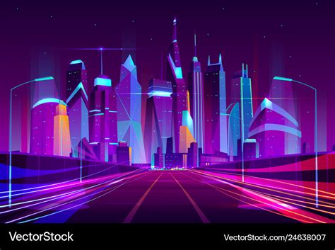 Future metropolis highway neon cartoon Royalty Free Vector