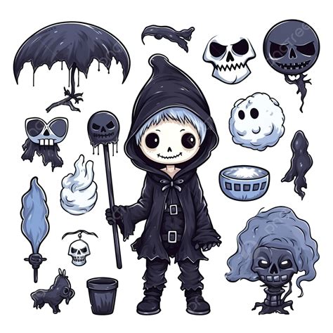 Cute Grim Reaper Boy And Halloween Elements Vector Set, Grim, Scythe ...