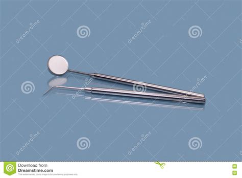 Dental Mirror and Dentist Probe. Image Isolated on Blue Background Stock Photo - Image of ...
