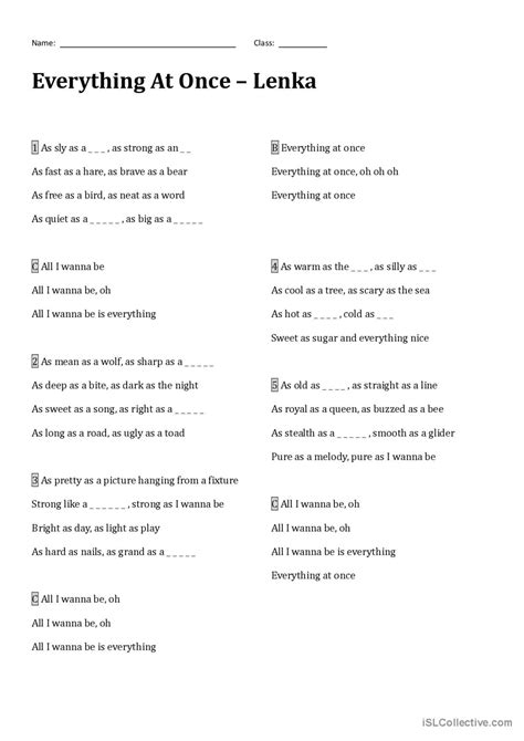 Everything At Once by Lenka: an intr…: English ESL worksheets pdf & doc