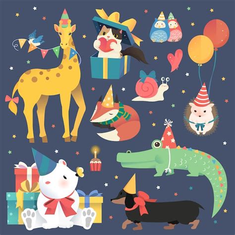 Premium Vector | Birthday celebration party with animals set