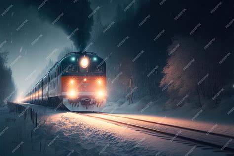 Premium AI Image | A train moves through the night its headlights illuminating the track