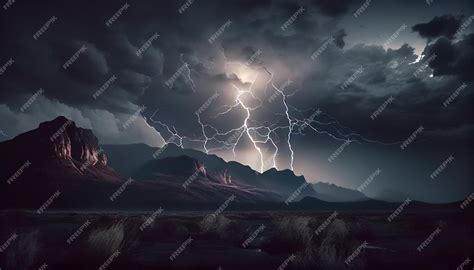 Premium AI Image | Dark dramatic stormy night sky with lightning bolts Nightmountain landscape ...