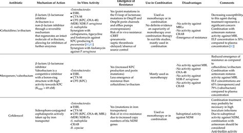 Principal features of ceftazidime/avibactam, meropenem/vaborbactam and ...