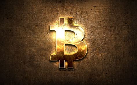 Bitcoin golden logo, cryptocurrency, artwork, brown metal background ...