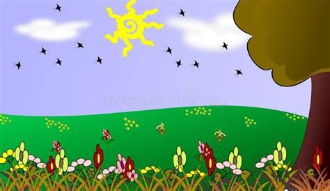 Colorful Meadow Cartoon With Flowers Stock Photos - Image: 15666963