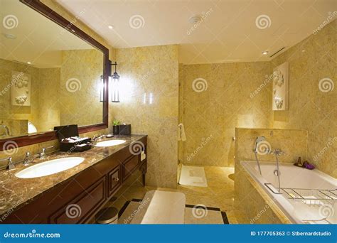 Luxury Hotel Bathroom and Toilet with Bath Tub & Double Washing Basin Stock Image - Image of ...