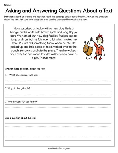 Asking and Answering Questions about a Text Worksheet - Have Fun Teaching | Reading ...