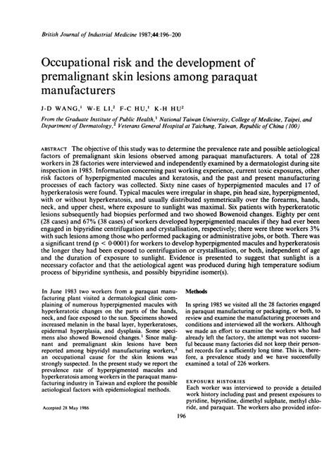 (PDF) Occupational risk and development of premalignant skin lesions among paraquat manufacturers