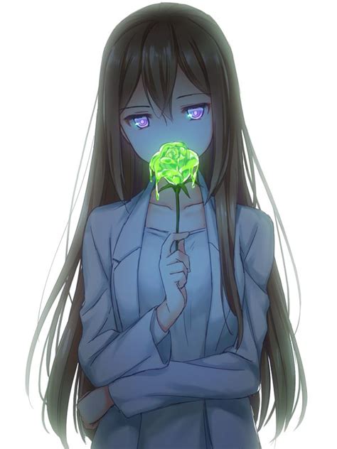 a woman with long hair holding a green flower in front of her face and ...