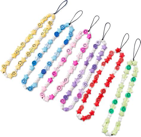 6Pcs Phone Lanyard Wrist Strap, Smiley Face Beaded Phone Charms Rainbow ClayFruit Star Letter ...